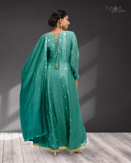 Benarsi Chanderi Anarkali Gown - Aqua Green