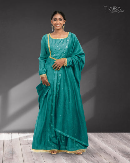 Benarsi Chanderi Anarkali Gown - Aqua Green