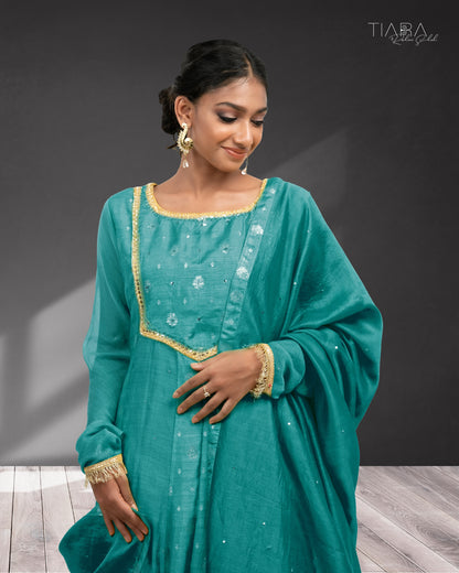 Benarsi Chanderi Anarkali Gown - Aqua Green