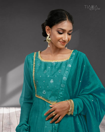 Benarsi Chanderi Anarkali Gown - Aqua Green