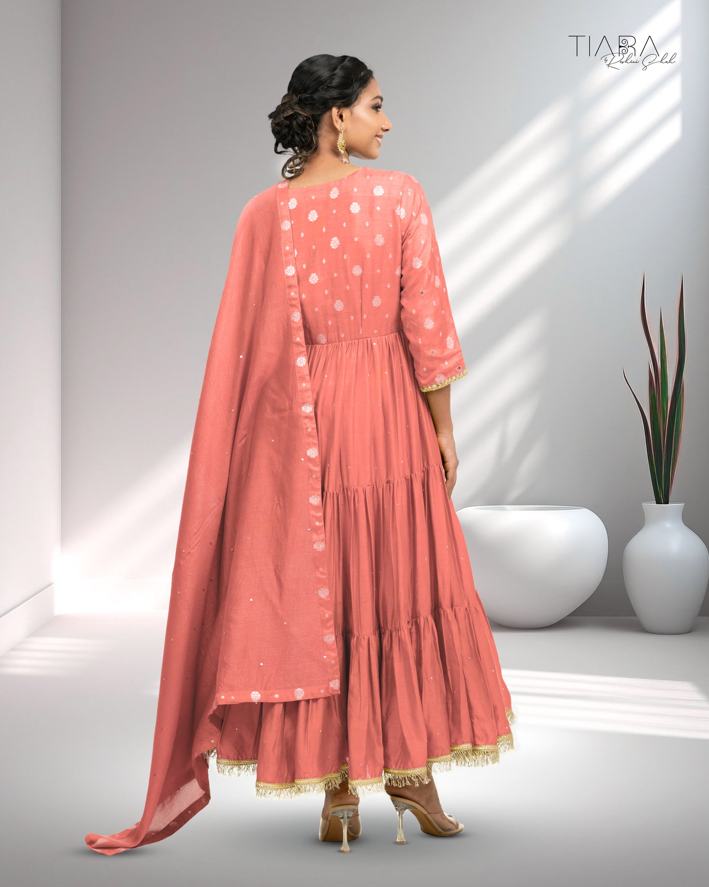 Benarsi Chanderi Tiered Anarkali - Pink