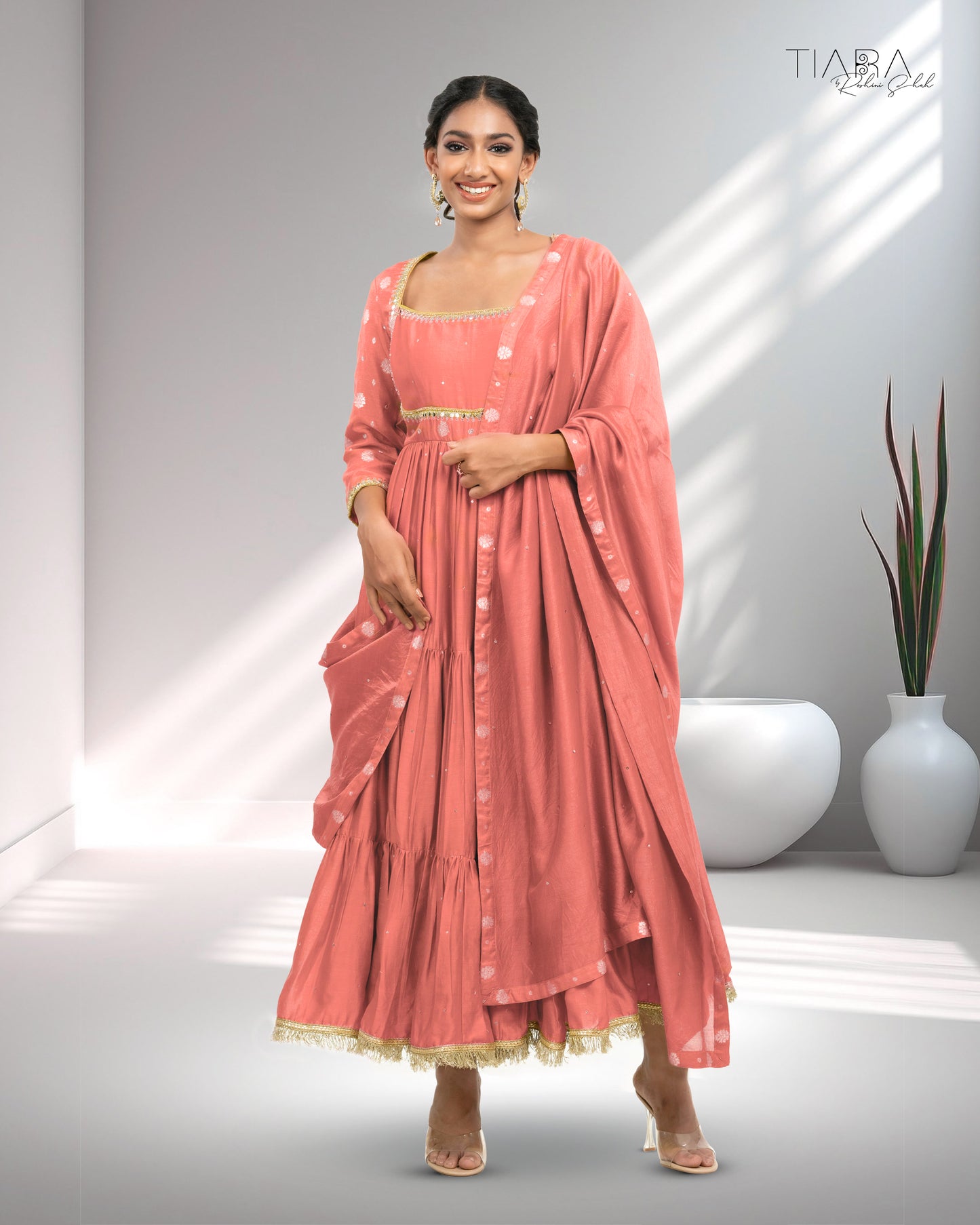 Benarsi Chanderi Tiered Anarkali - Pink