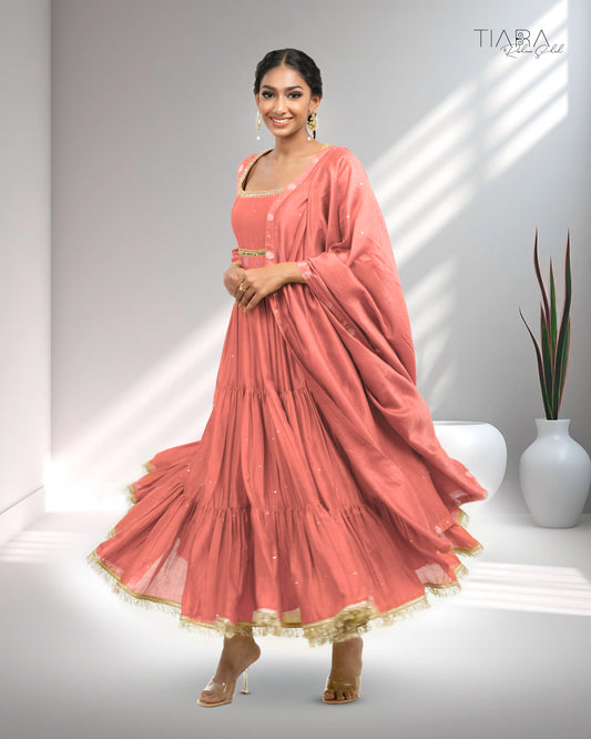 Benarsi Chanderi Tiered Anarkali - Pink