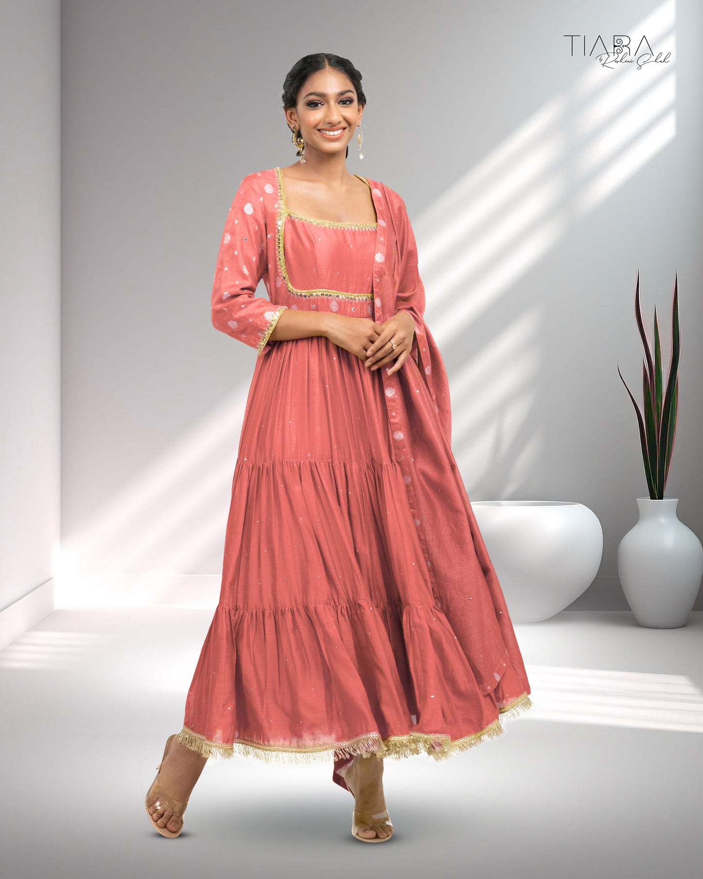 Benarsi Chanderi Tiered Anarkali - Pink