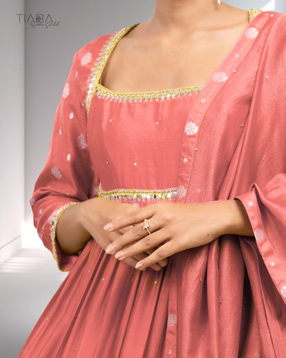 Benarsi Chanderi Tiered Anarkali - Pink