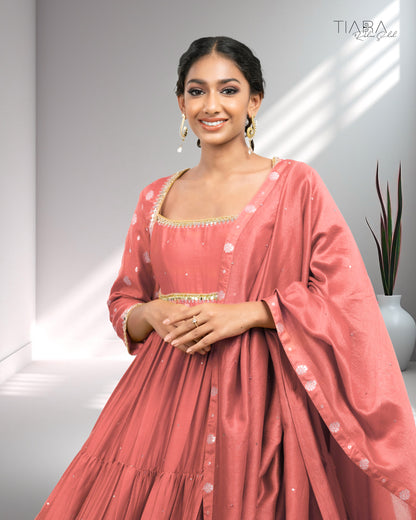 Benarsi Chanderi Tiered Anarkali - Pink