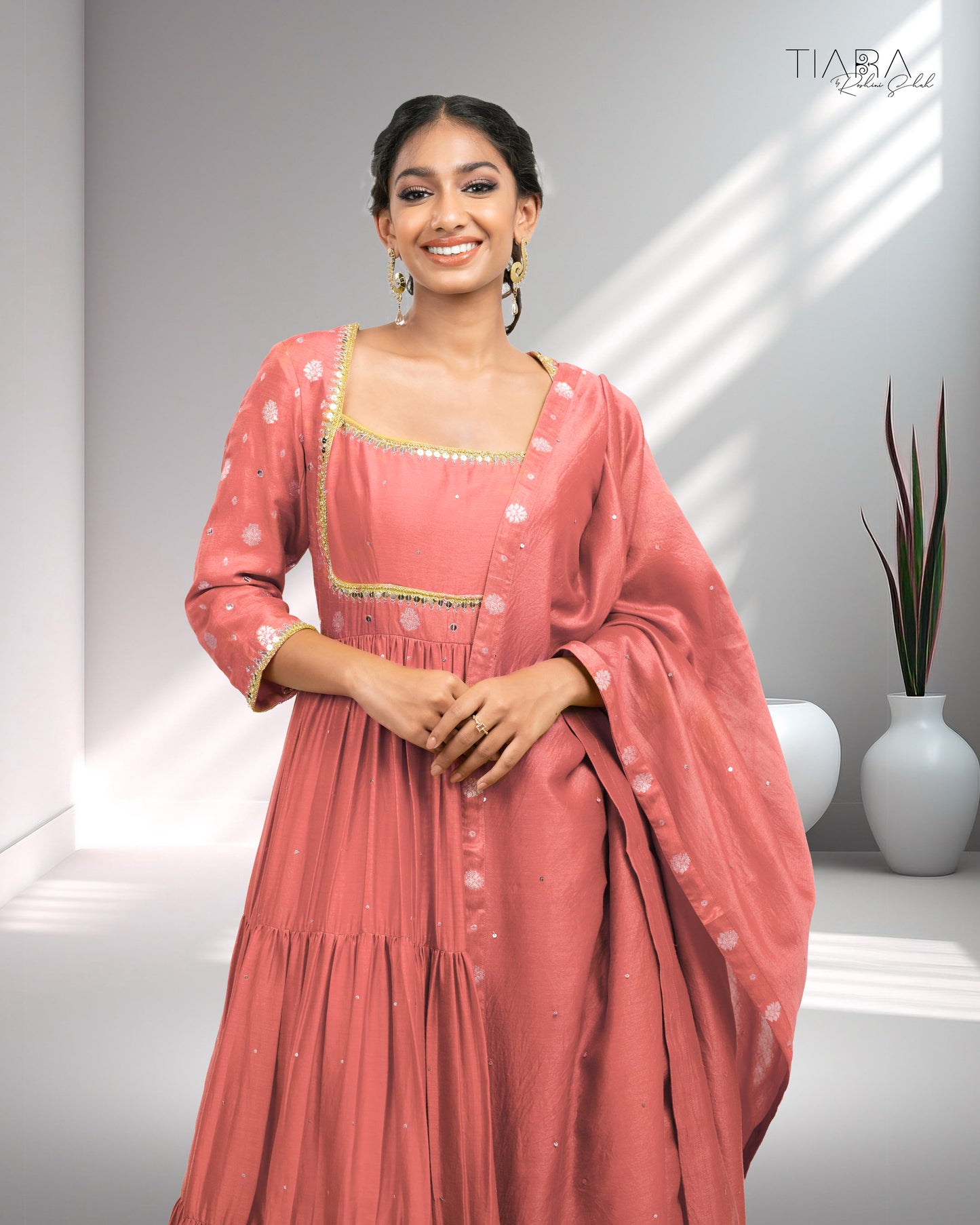 Benarsi Chanderi Tiered Anarkali - Pink