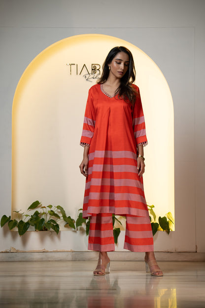 Tangerine Dusk Silk Tunic Set - Pleated