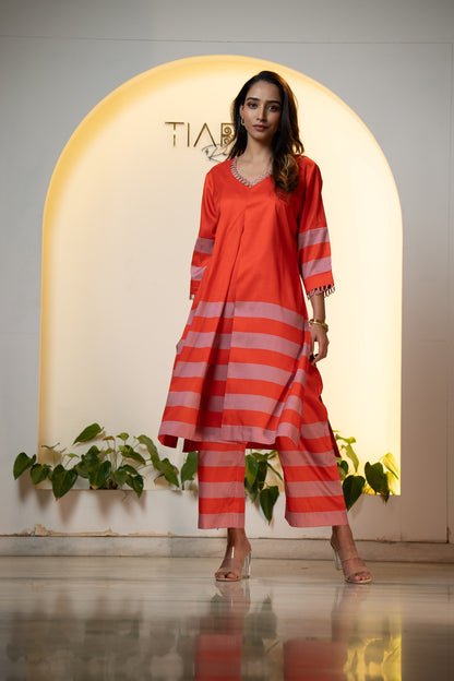 Tangerine Dusk Silk Tunic Set - Pleated