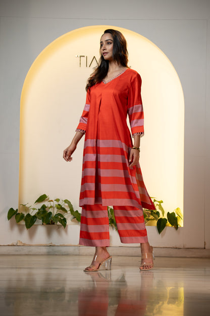 Tangerine Dusk Silk Tunic Set - Pleated