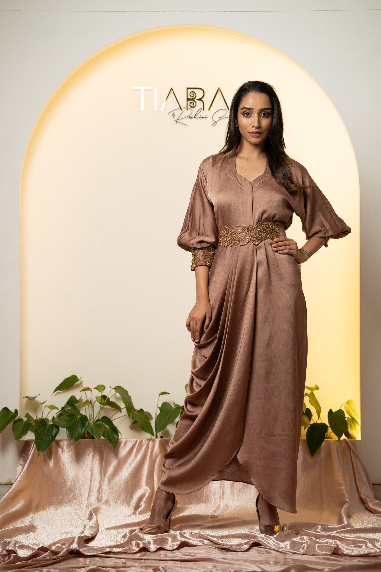 Elegant Cocktail Ensemble : Draped Dress with Embroidered Belt - Rose Gold