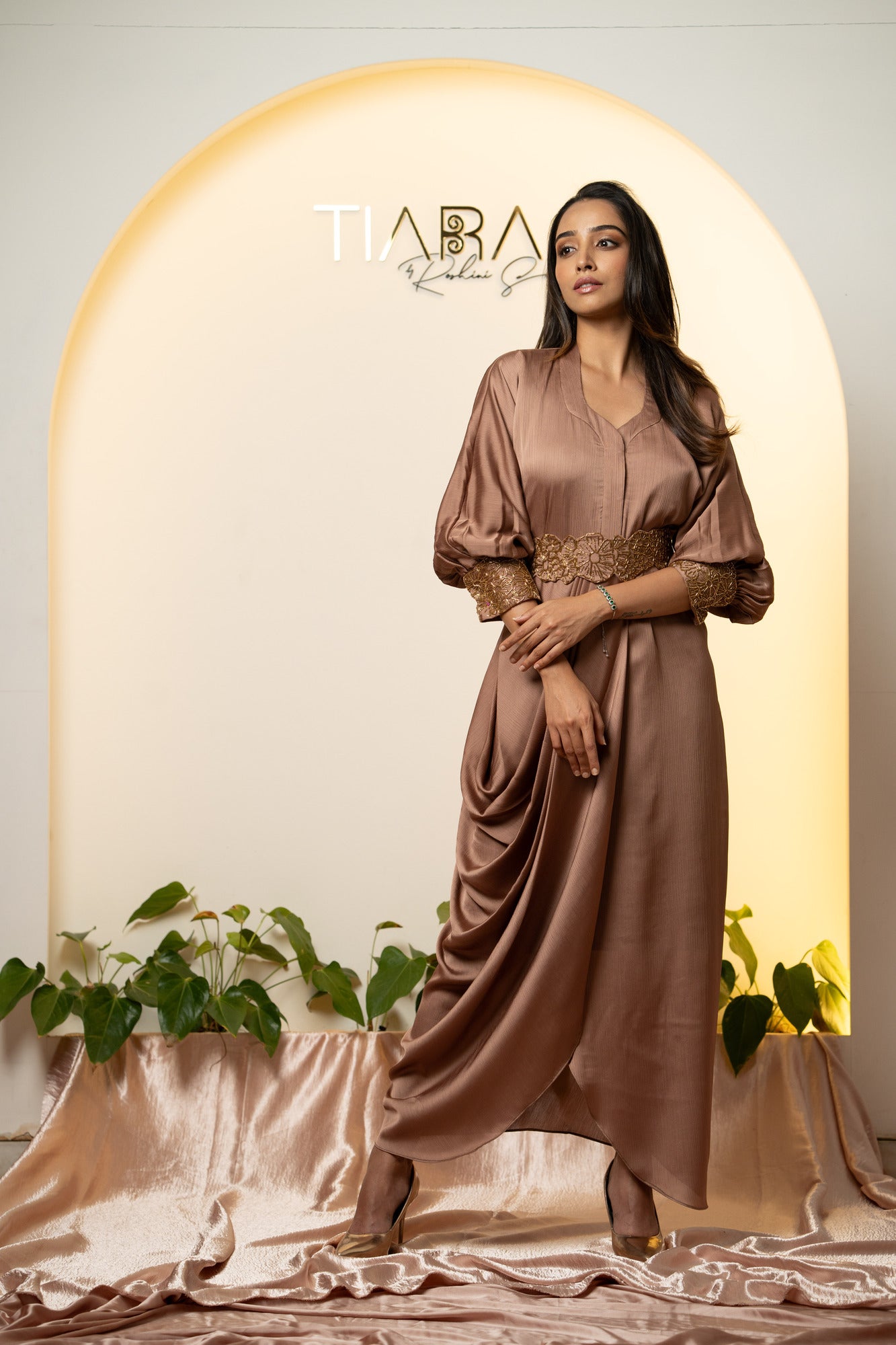 Elegant Cocktail Ensemble : Draped Dress with Embroidered Belt - Rose Gold