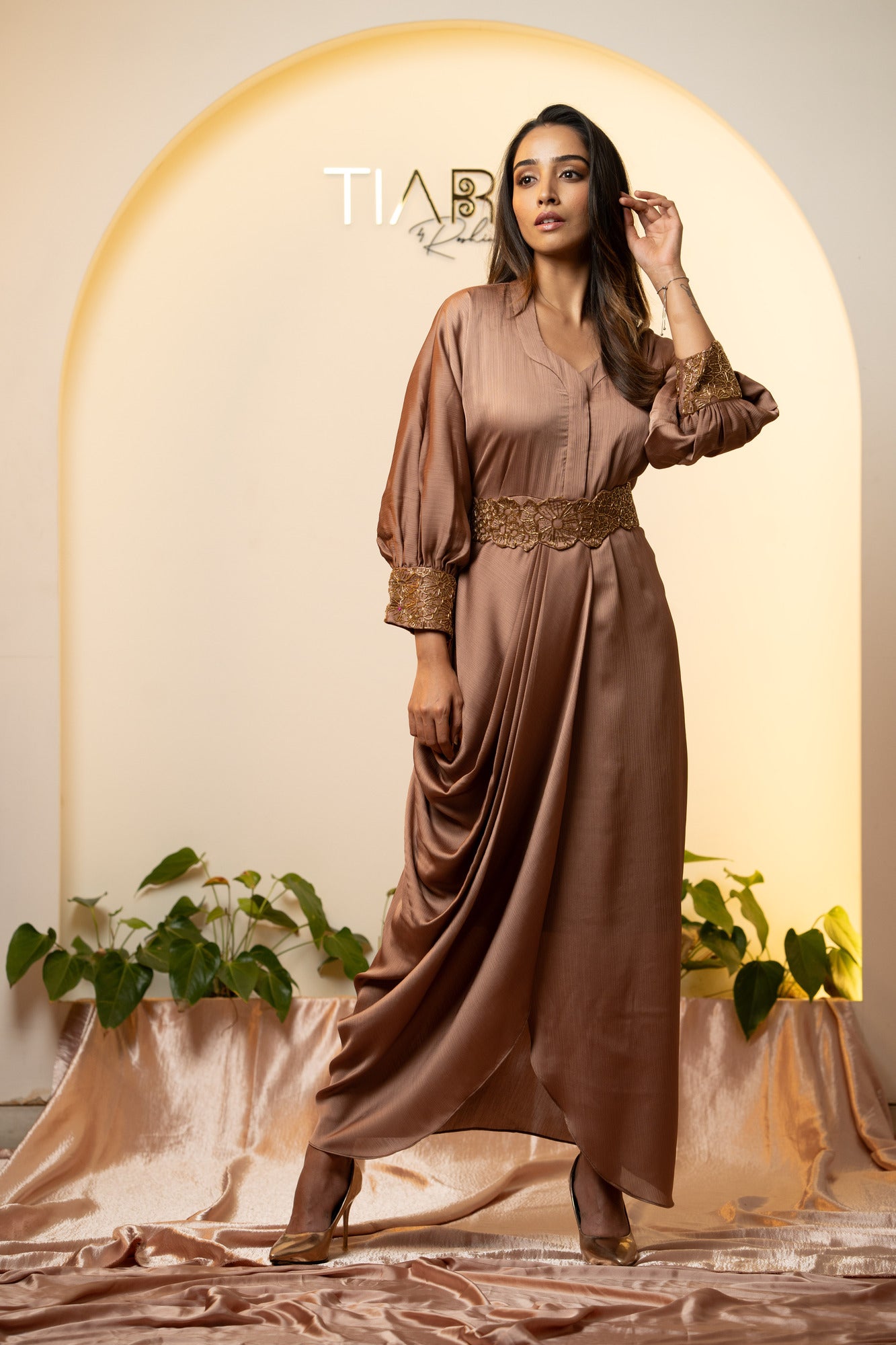 Elegant Cocktail Ensemble : Draped Dress with Embroidered Belt - Rose Gold