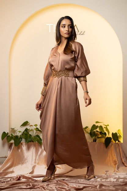 Elegant Cocktail Ensemble : Draped Dress with Embroidered Belt - Rose Gold