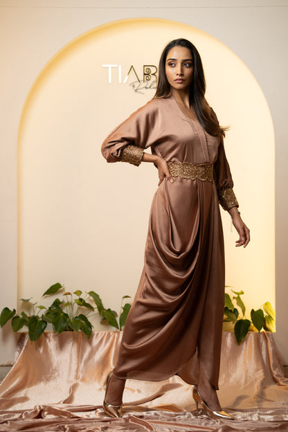 Elegant Cocktail Ensemble : Draped Dress with Embroidered Belt - Rose Gold