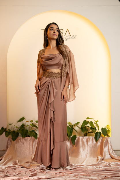 Elegant Cocktail Ensemble: Draped Skirt & Embroidered Jacket - Rose Gold