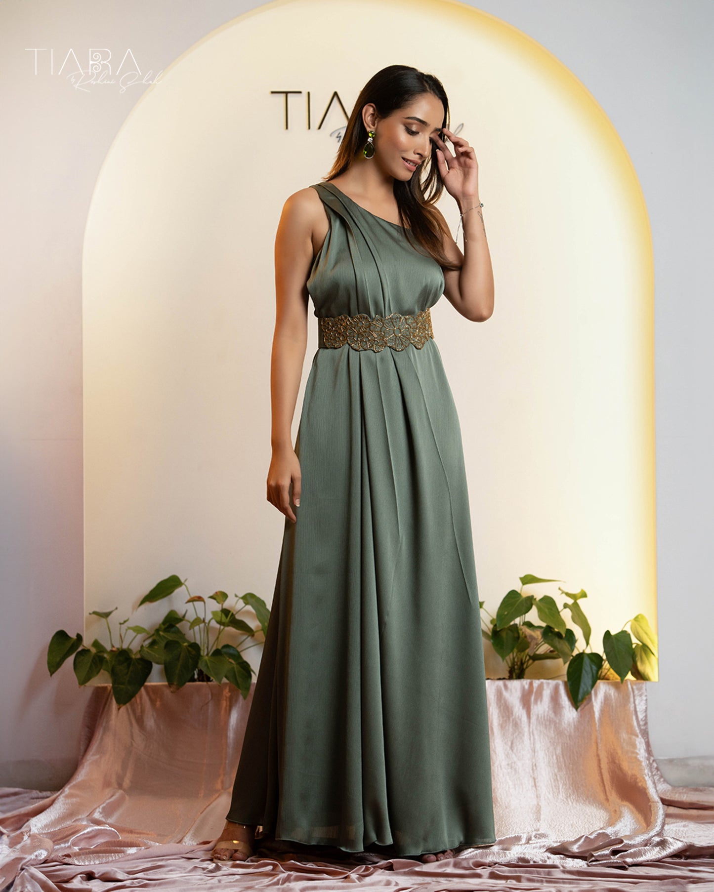 Elegant Cocktail Ensemble: One Shoulder Gown & Embroidered Jacket - Sage Green