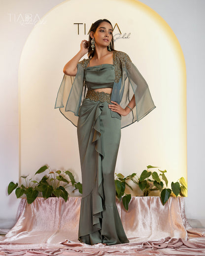 Elegant Cocktail Ensemble: Draped Skirt & Embroidered Jacket - Sage Green