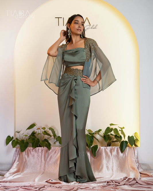 Elegant Cocktail Ensemble: Draped Skirt & Embroidered Jacket - Sage Green