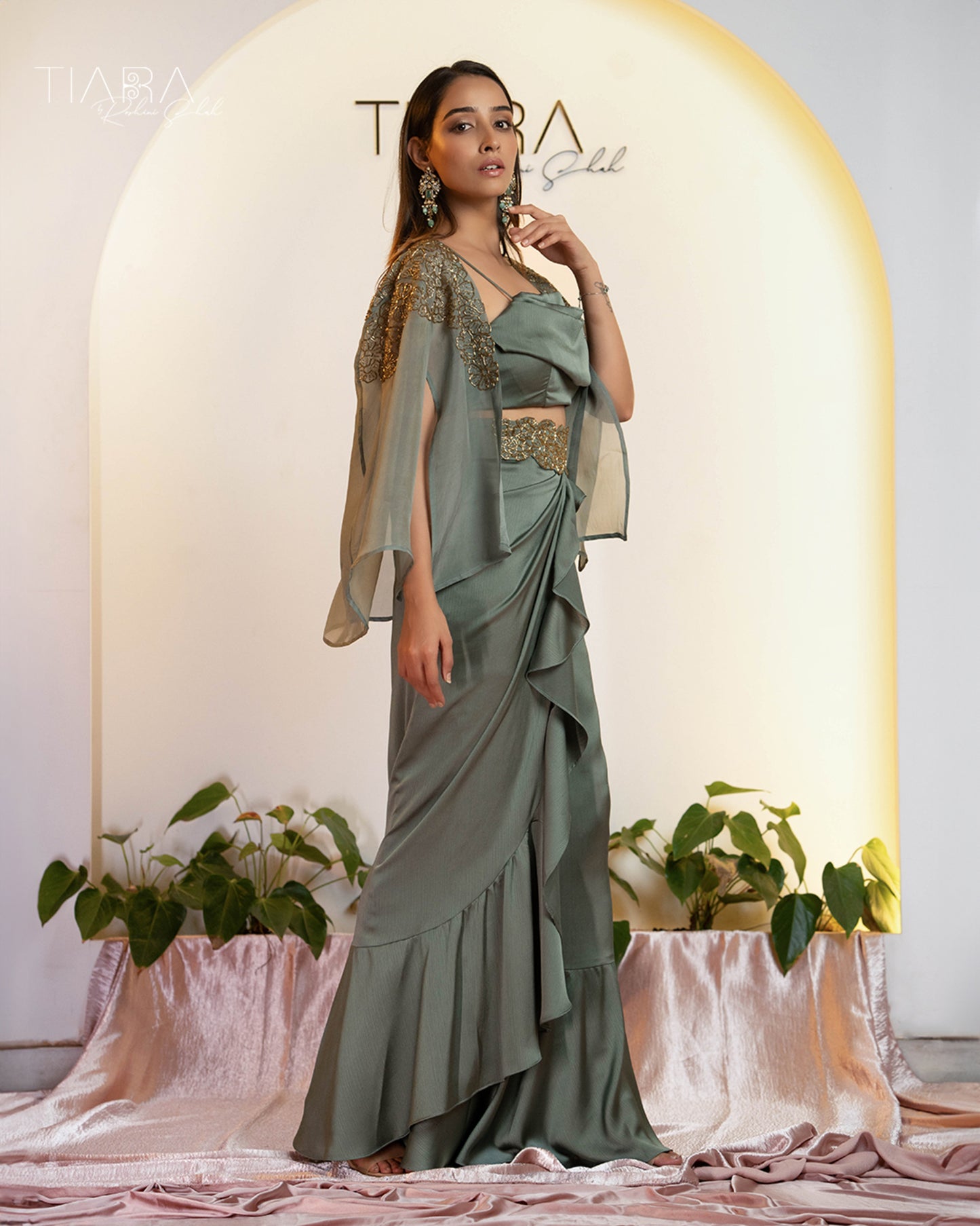 Elegant Cocktail Ensemble: Draped Skirt & Embroidered Jacket - Sage Green