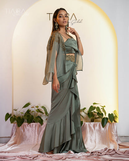 Elegant Cocktail Ensemble: Draped Skirt & Embroidered Jacket - Sage Green