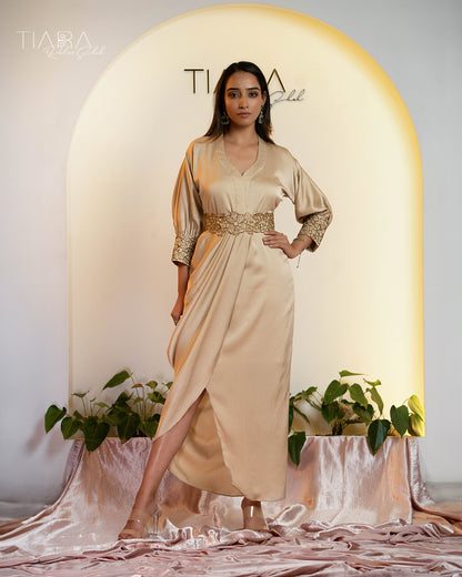 Elegant Cocktail Ensemble : Draped Dress with Embroidered Belt - Ivory Beige