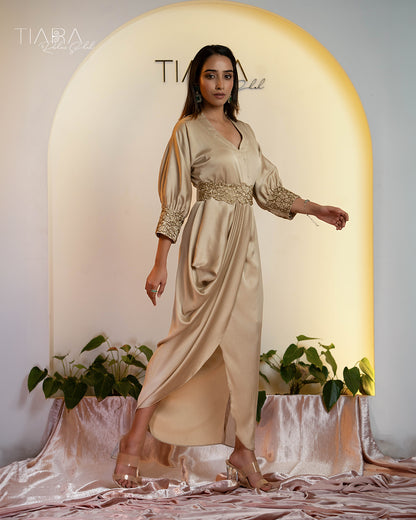 Elegant Cocktail Ensemble : Draped Dress with Embroidered Belt - Ivory Beige