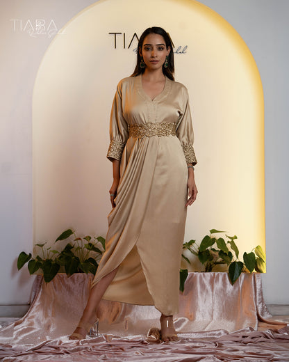 Elegant Cocktail Ensemble : Draped Dress with Embroidered Belt - Ivory Beige