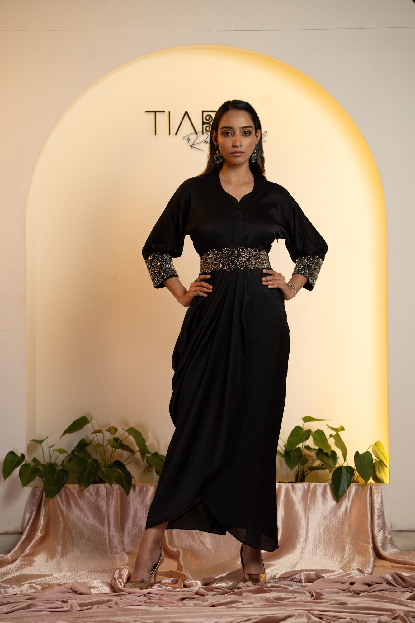 Elegant Cocktail Ensemble : Draped Dress with Embroidered Belt - Black