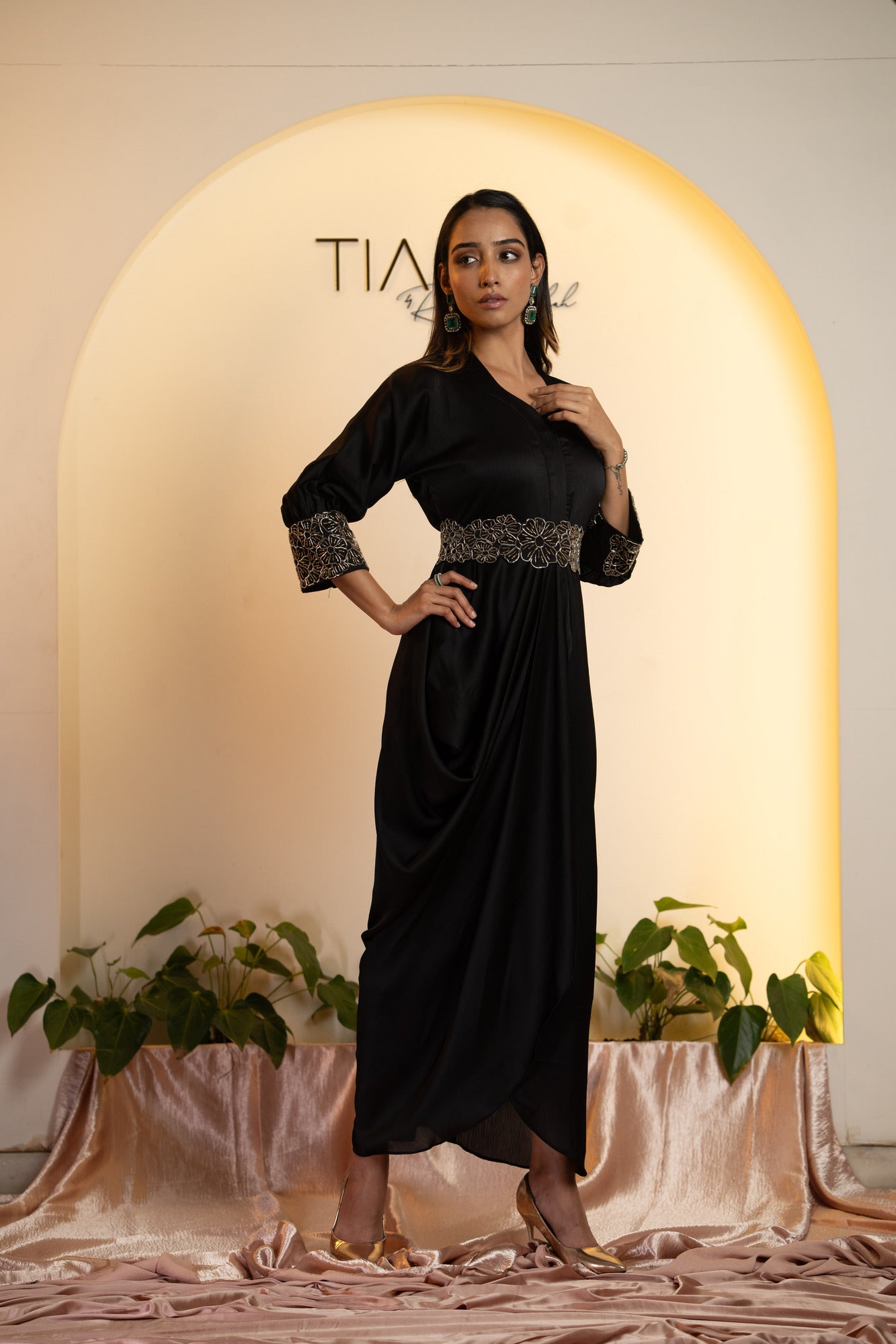 Elegant Cocktail Ensemble : Draped Dress with Embroidered Belt - Black