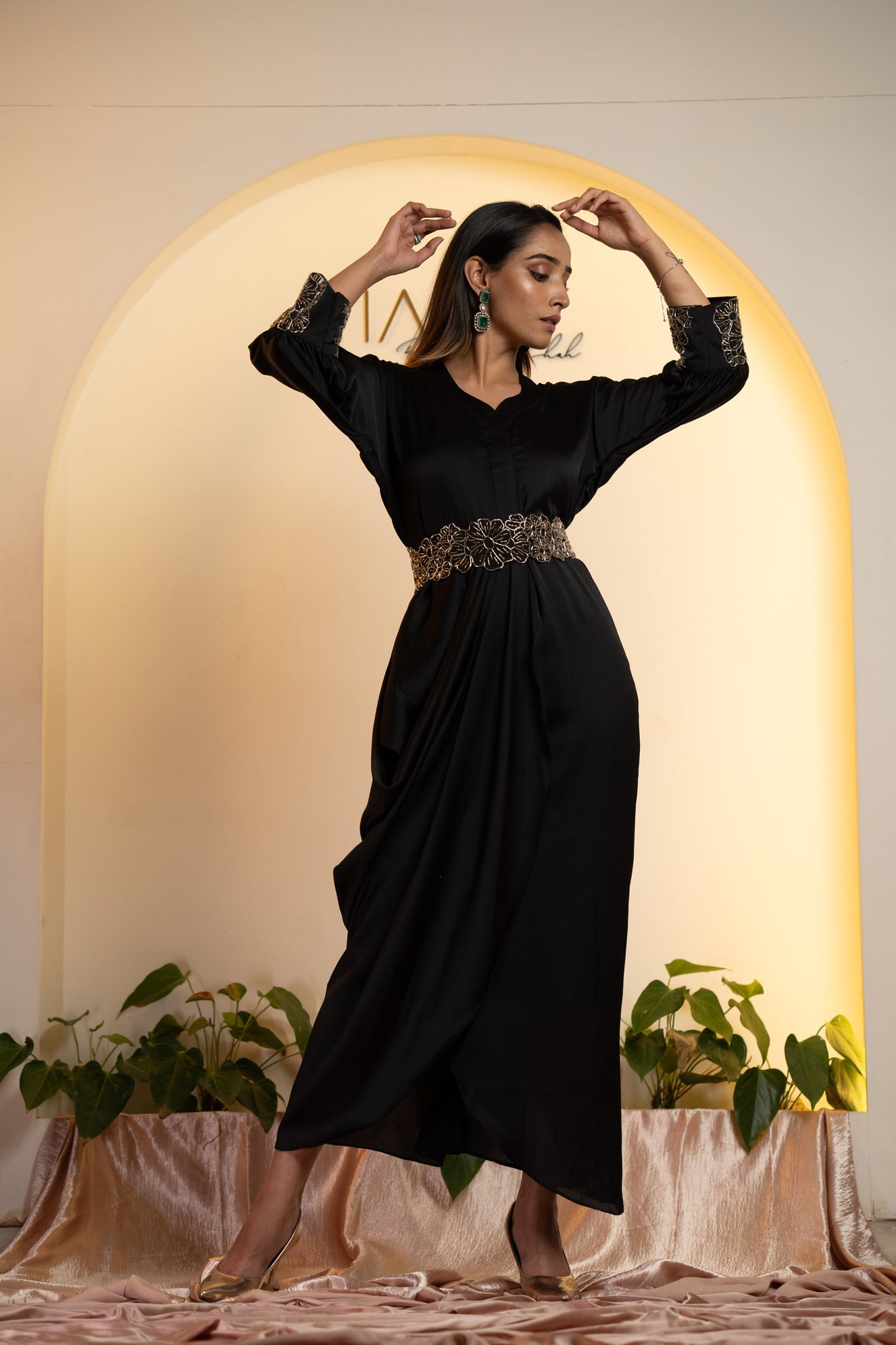 Elegant Cocktail Ensemble : Draped Dress with Embroidered Belt - Black