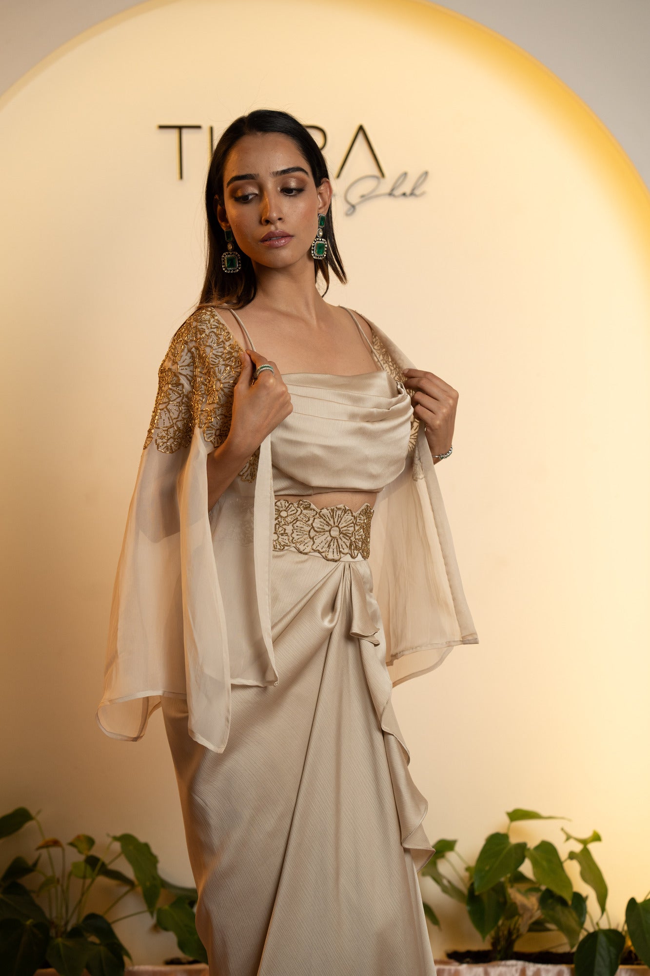 Elegant Cocktail Ensemble: Draped Skirt & Embroidered Jacket - Ivory & Gold