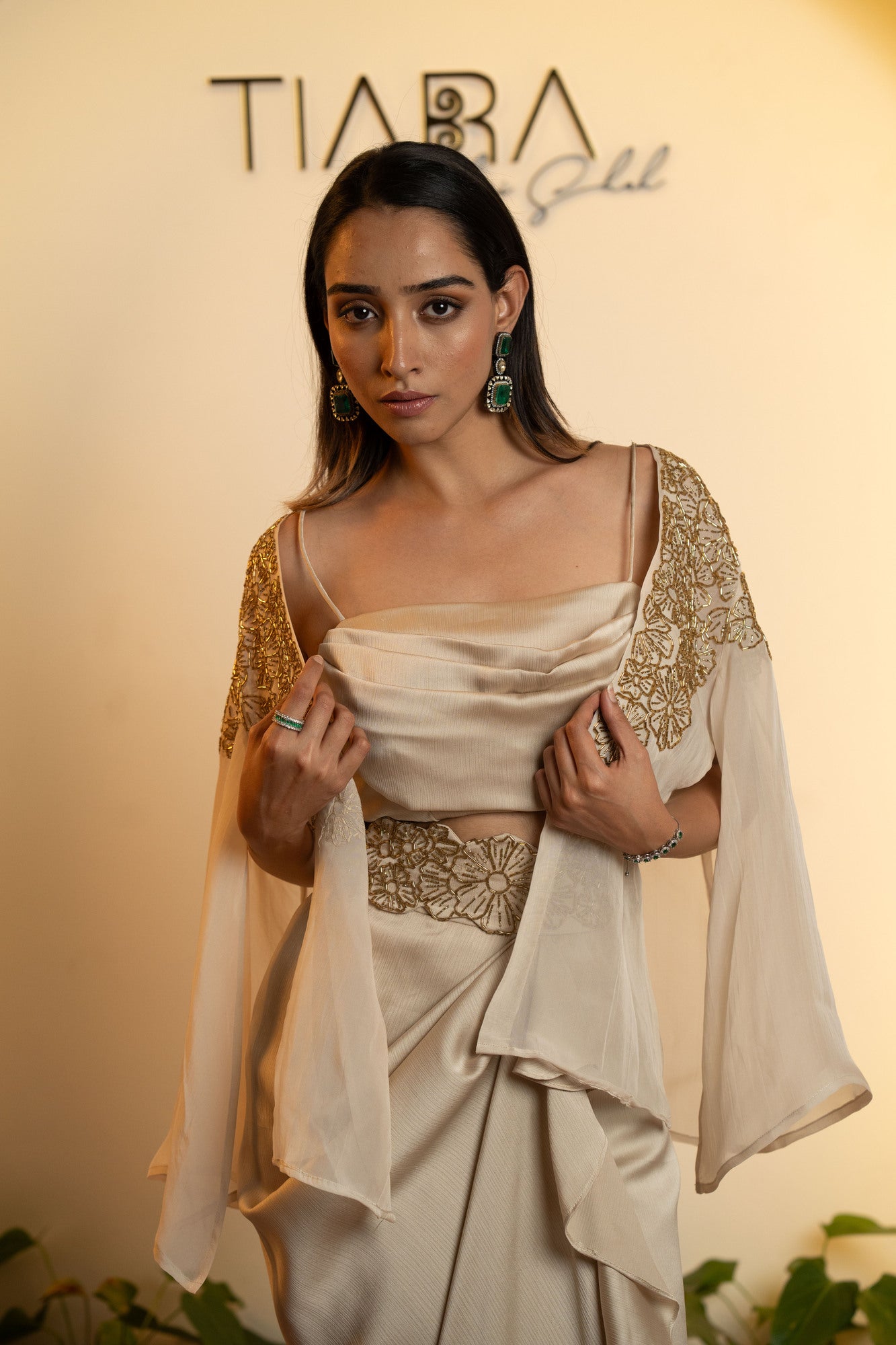 Elegant Cocktail Ensemble: Draped Skirt & Embroidered Jacket - Ivory & Gold