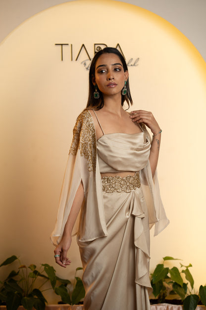 Elegant Cocktail Ensemble: Draped Skirt & Embroidered Jacket - Ivory & Gold