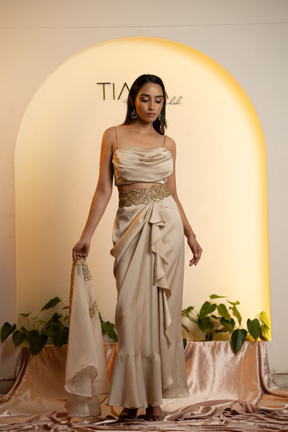 Elegant Cocktail Ensemble: Draped Skirt & Embroidered Jacket - Ivory & Gold