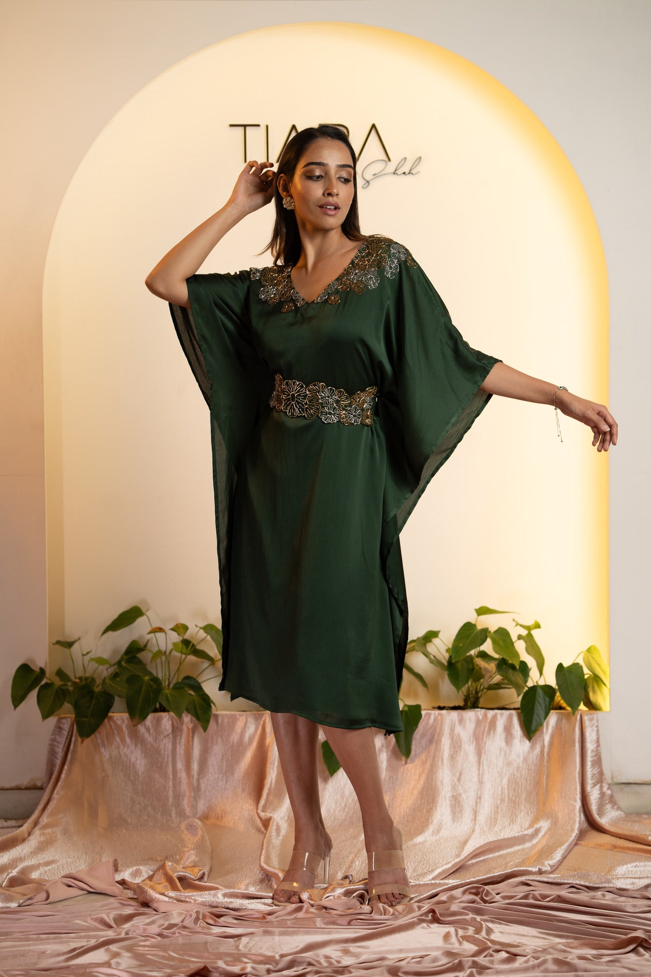 Emerald and Gold Kaftan with Embroidered Belt