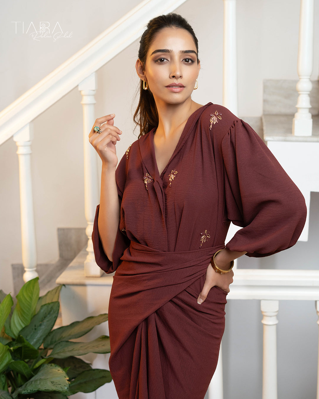 Latte Draped Dress - Maroon