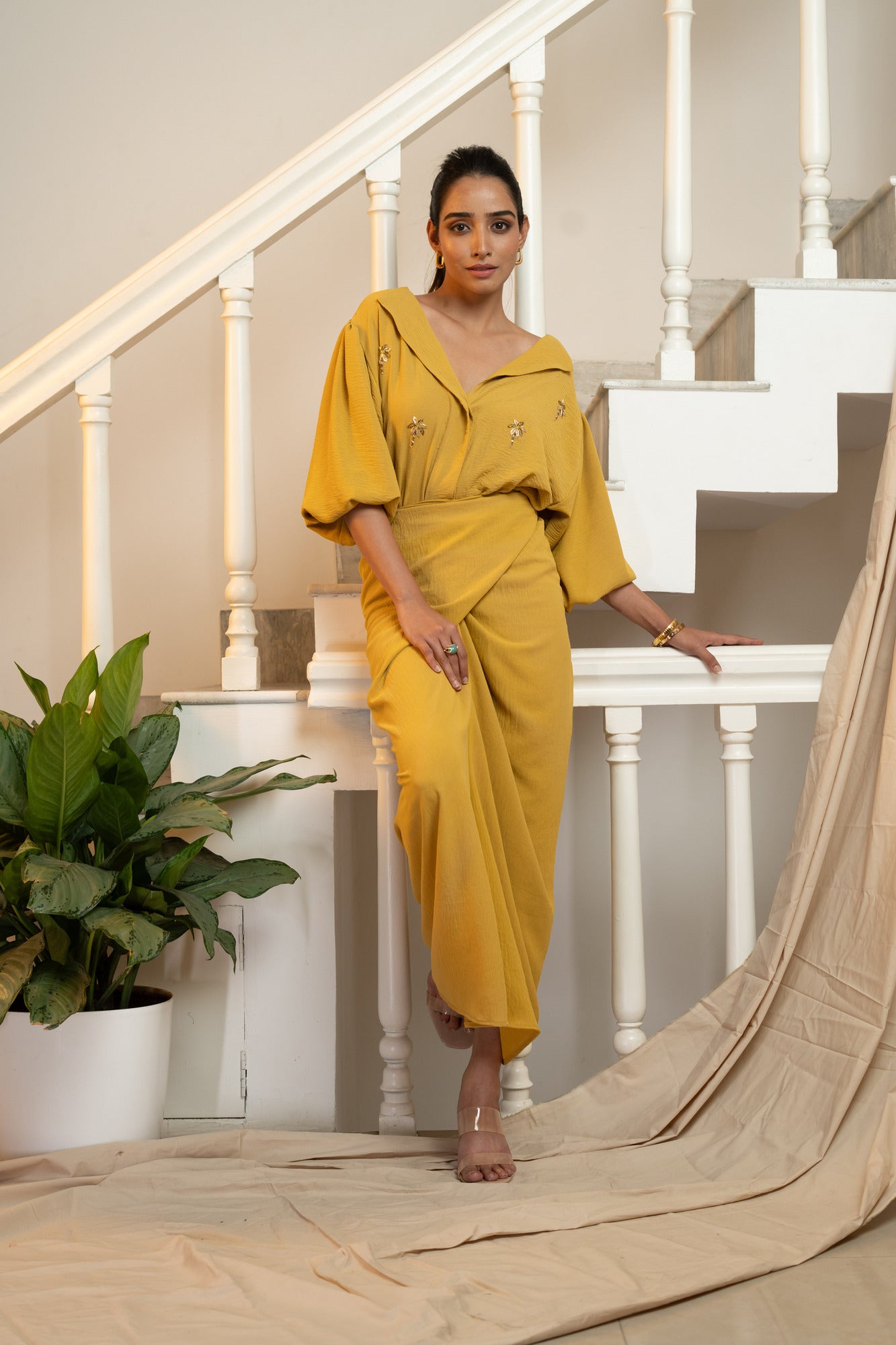 Latte Draped Dress - Mustard