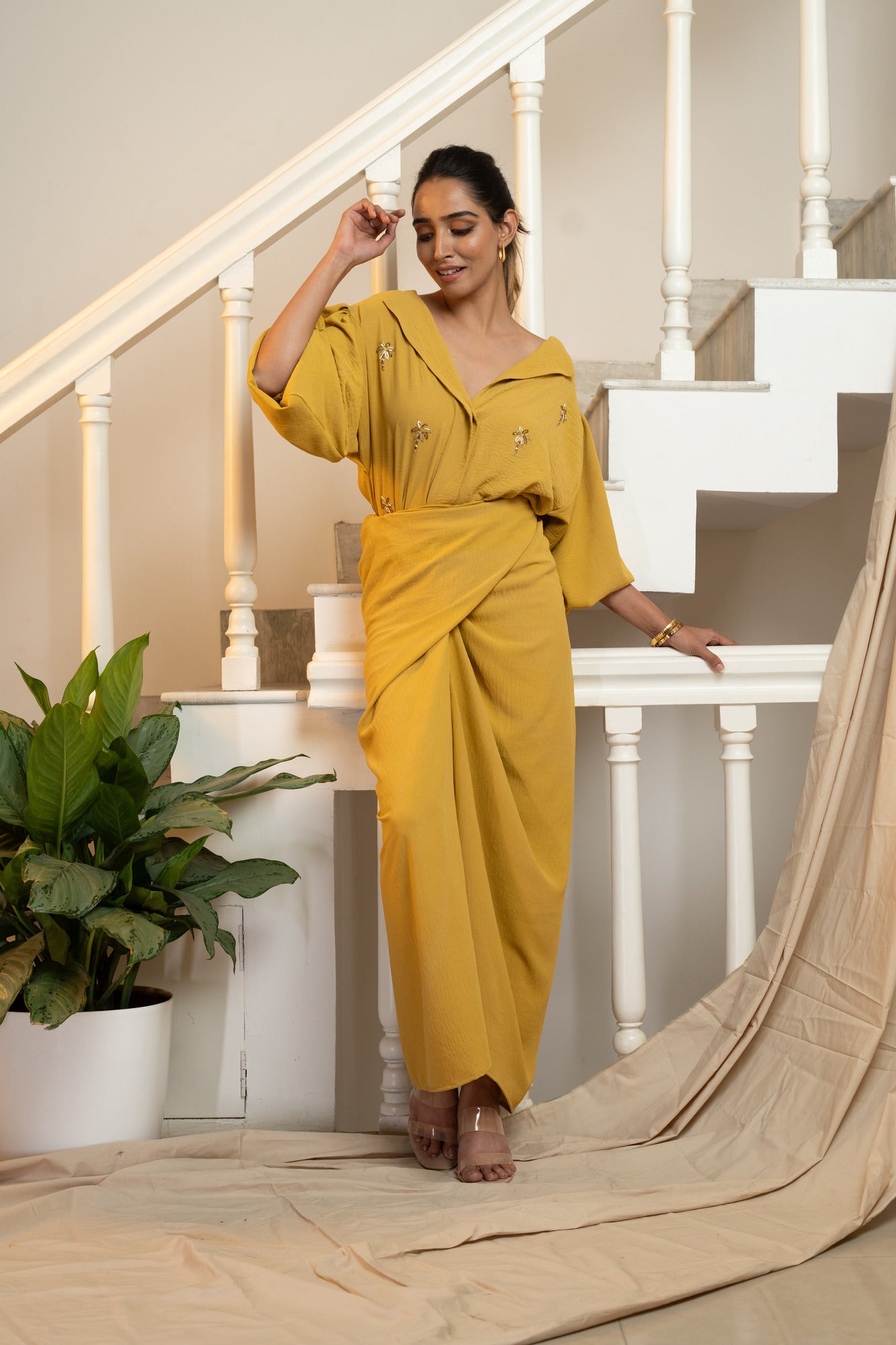 Latte Draped Dress - Mustard