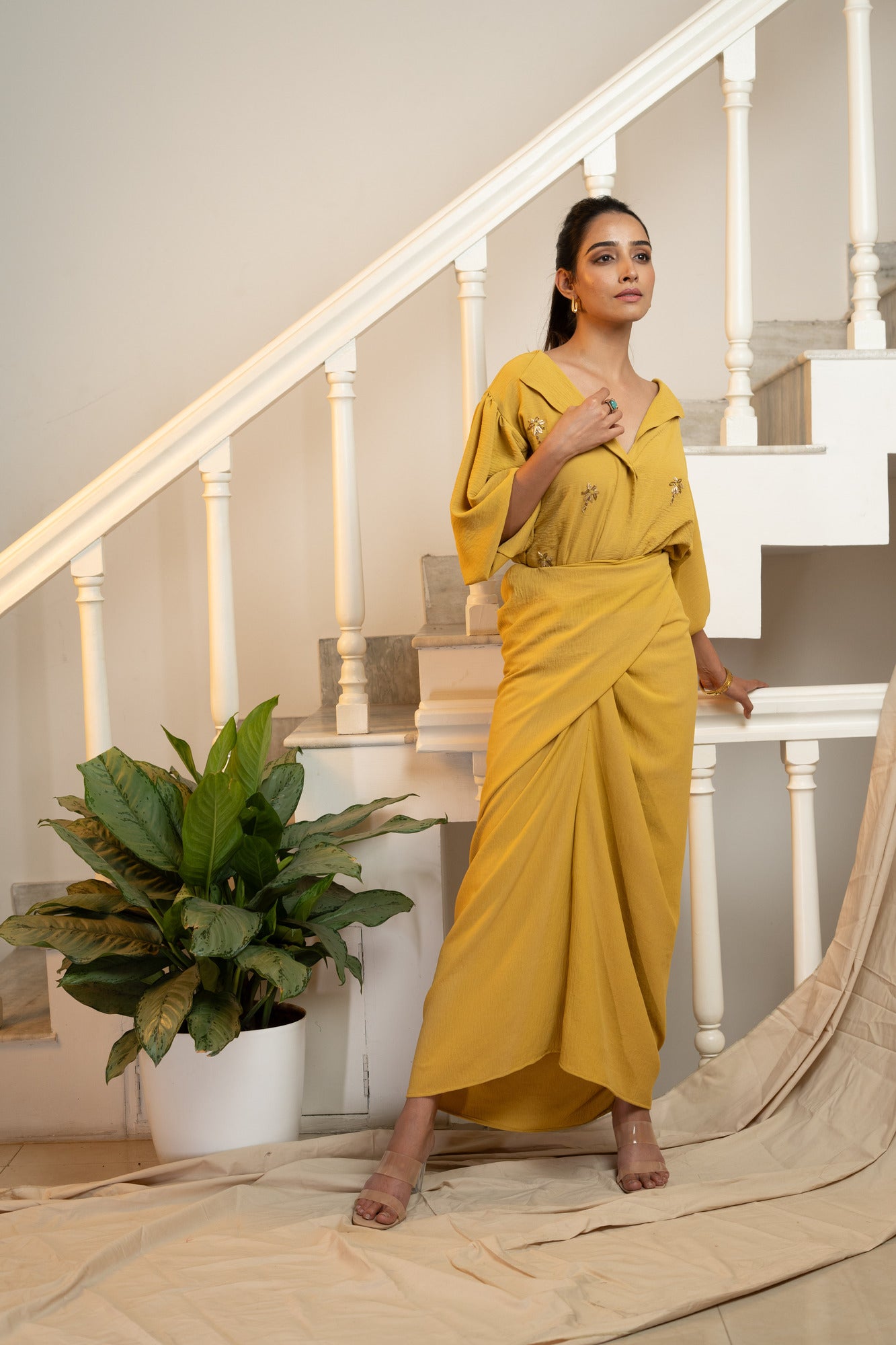 Latte Draped Dress - Mustard