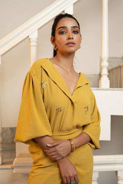 Latte Draped Dress - Mustard