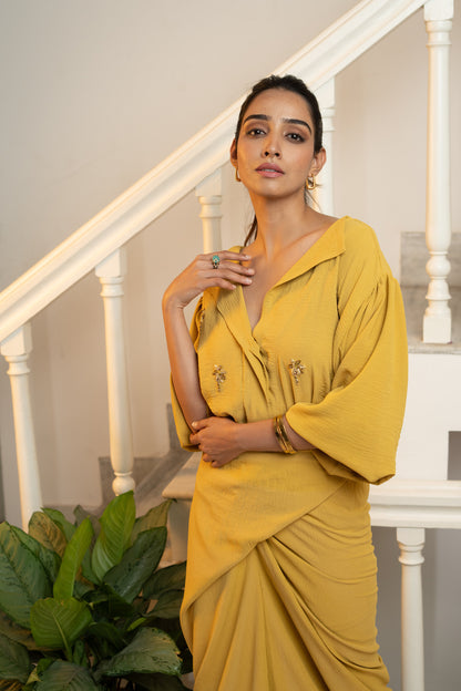 Latte Draped Dress - Mustard