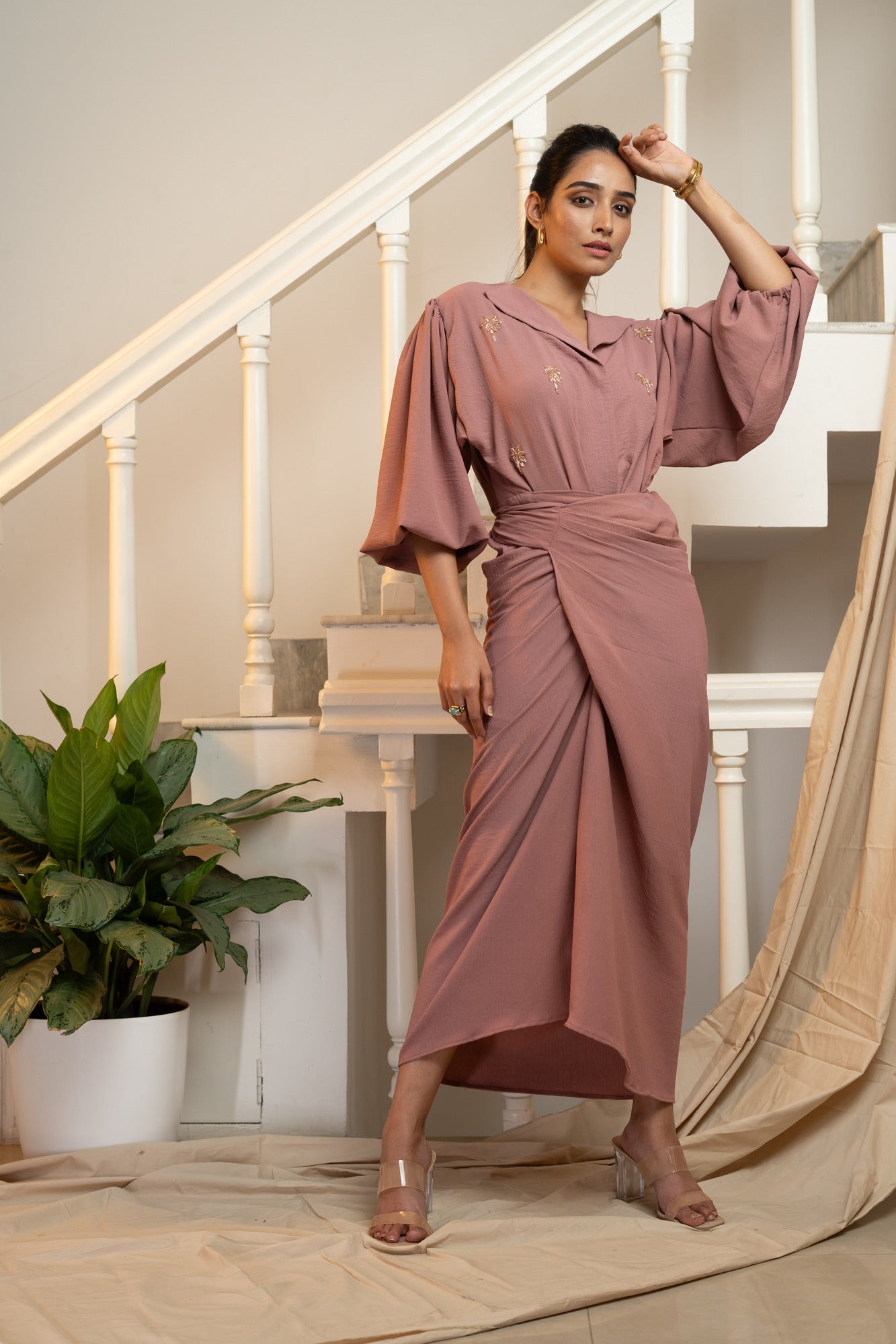 Latte Draped Dress - Dusky Pink