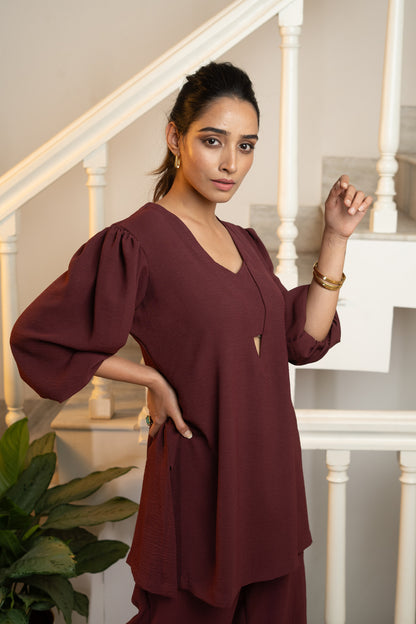 Latte Tunic Co-ord Set - Maroon