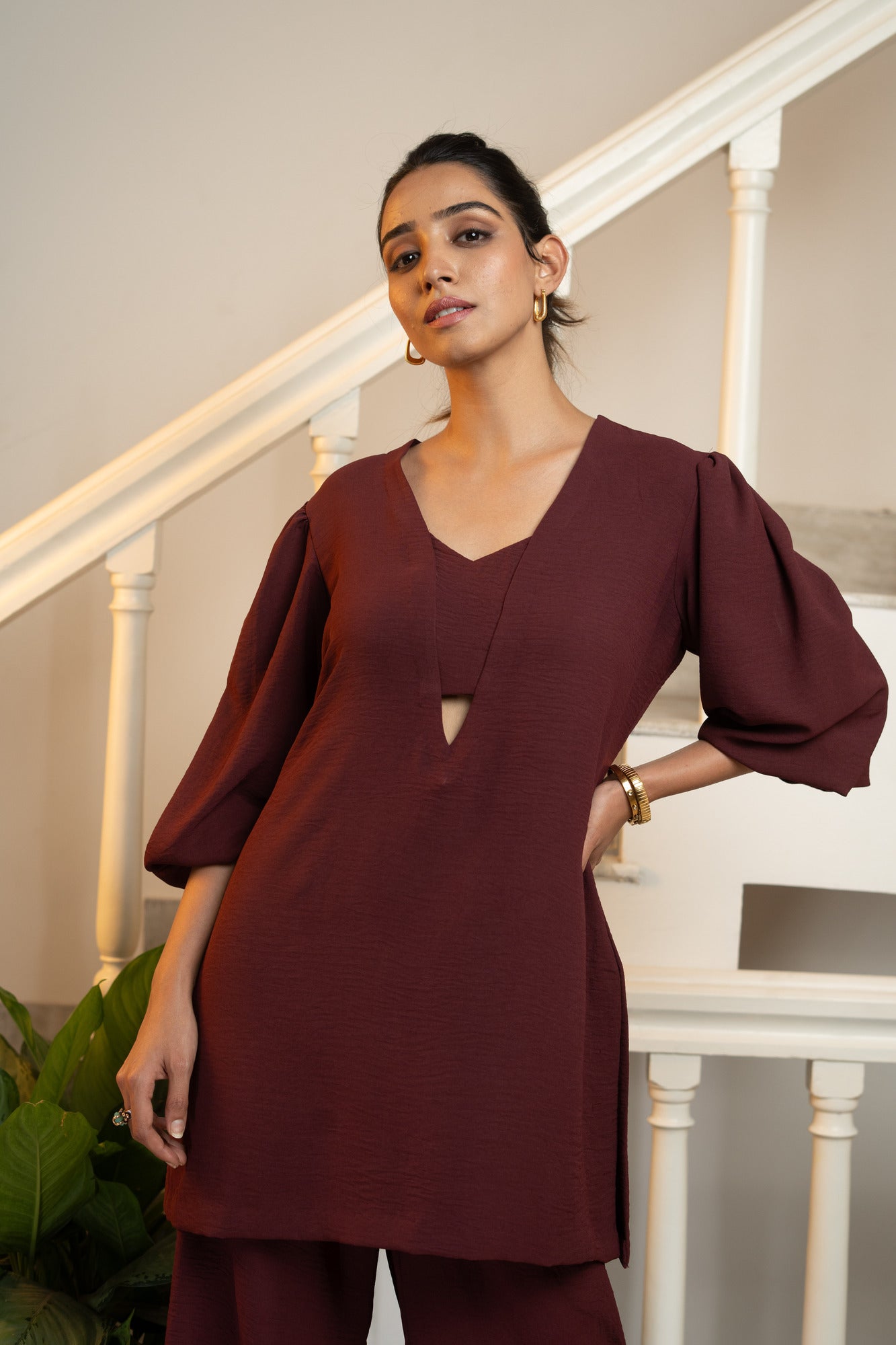 Latte Tunic Co-ord Set - Maroon