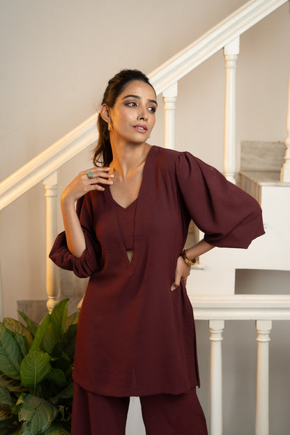 Latte Tunic Co-ord Set - Maroon