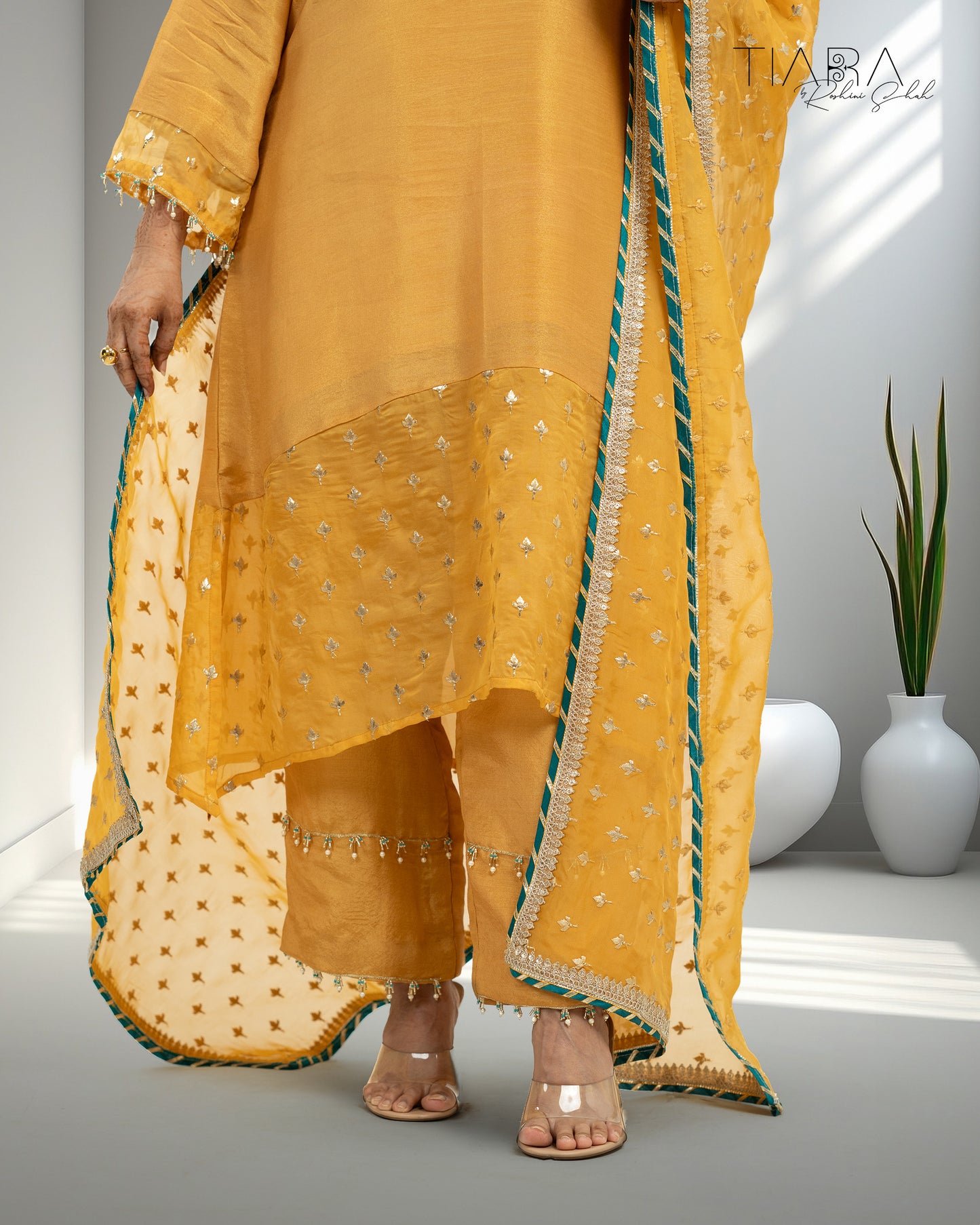 Benarsi Chanderi Anarkali Gown - Mustard