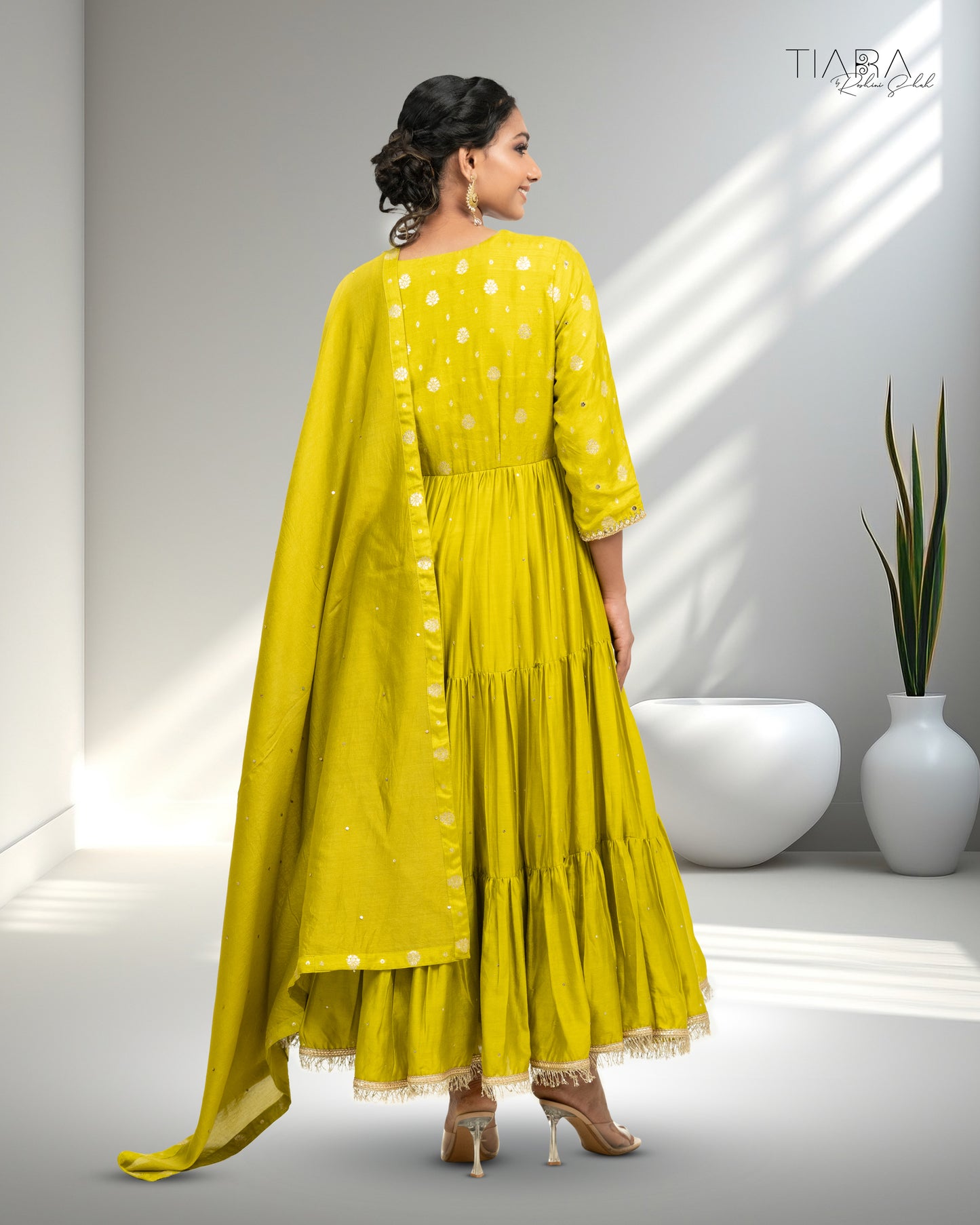 Benarsi Chanderi Tiered Anarkali - Yellow