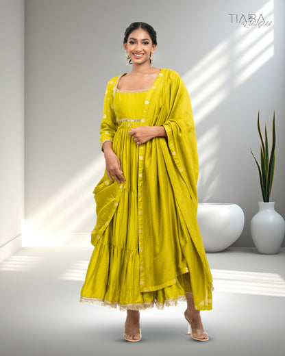 Benarsi Chanderi Tiered Anarkali - Yellow