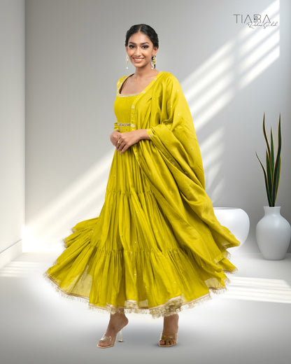 Benarsi Chanderi Tiered Anarkali - Yellow